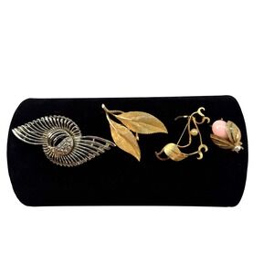 Vintage Signed BSK Brooch Lot Gold Tone Leaf Pink Cabochon &‎ Rhinestone Pins